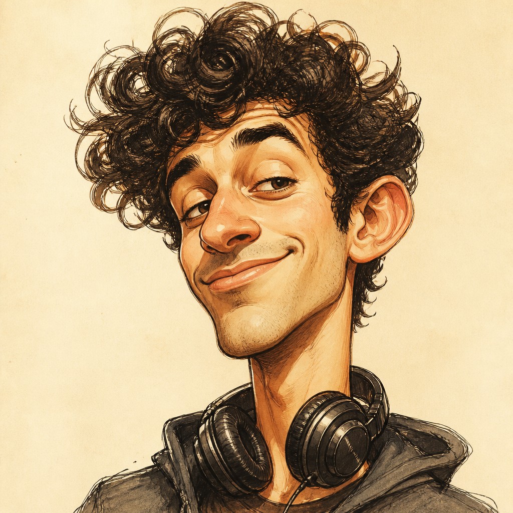 head-and-shoulders portrait of an original character: a young man with curly dark hair and headphones around his neck, plain backdrop, no text