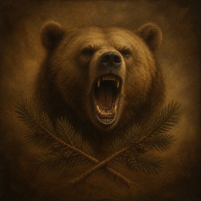 a roaring bear head above crossed pine branches, bold graphic composition on a plain background, no text