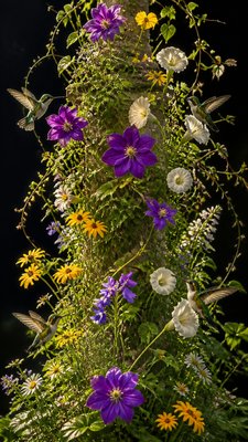 a climbing vine of flowers and hummingbirds on a dark background, tall wrapping composition, no text