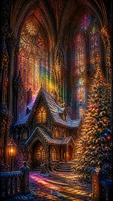 a snow-covered cottage with warm glowing windows beside a decorated pine tree, gentle snowfall, no text