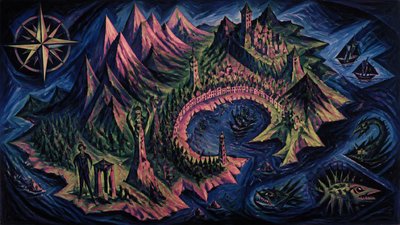a map of an island realm with mountains, forests, a sheltered bay, sea monsters in the water and a compass rose, no text labels