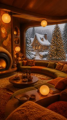 a snow-covered cottage with warm glowing windows beside a decorated pine tree, gentle snowfall, no text