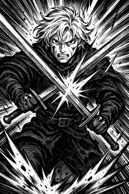 a painting of a man holding two swords