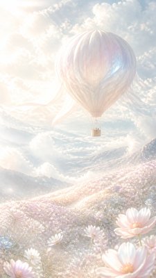 a hot air balloon drifting over rolling flower fields on a sunny day, cheerful, no text