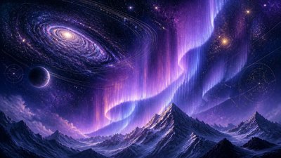 a flowing aurora over snowy peaks, wide sweeping composition, no people, no text