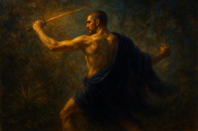 a painting of a man holding a sword