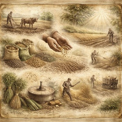 Without using words create “Doth the plowman plow all day to sow? doth he open and break the clods of his ground? When he hath made plain the face thereof, doth he not cast abroad the fitches, and scatter the cummin, and cast in the principal wheat and the appointed barley and the rie in their place? For his God doth instruct him to discretion, and doth teach him. For the fitches are not threshed with a threshing instrument, neither is a cart wheel turned about upon the cummin; but the fitches are beaten out with a staff, and the cummin with a rod. Bread corn is bruised; because he will not ever be threshing it, nor break it with the wheel of his cart, nor bruise it with his horsemen. This also cometh forth from the LORD of hosts, which is wonderful in counsel, and excellent in working.” (Isaiah 28:24-29, KJV)

