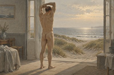 back view of ignudi athlete doing stretching exercise by the sea coast