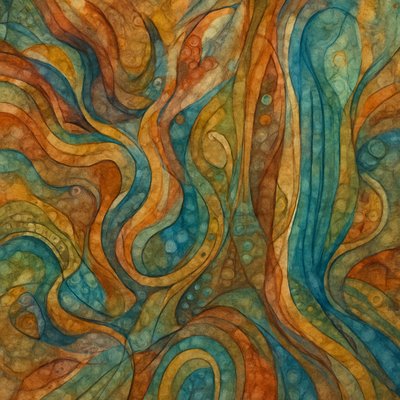 a painting of a swirly pattern in orange, blue, and green