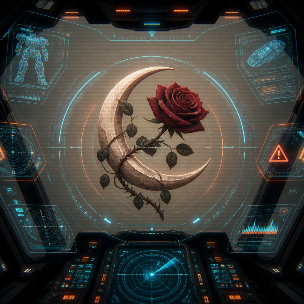 a rose entwined with a crescent moon, clean balanced composition on a plain background, no text