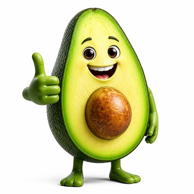 a happy avocado character giving a thumbs up, bold readable design on a plain background, no text