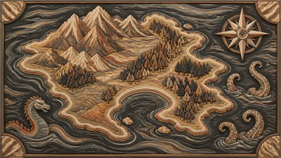 a map of an island realm with mountains, forests, a sheltered bay, sea monsters in the water and a compass rose, no text labels
