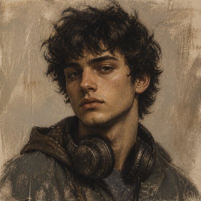 head-and-shoulders portrait of an original character: a young man with curly dark hair and headphones around his neck, plain backdrop, no text