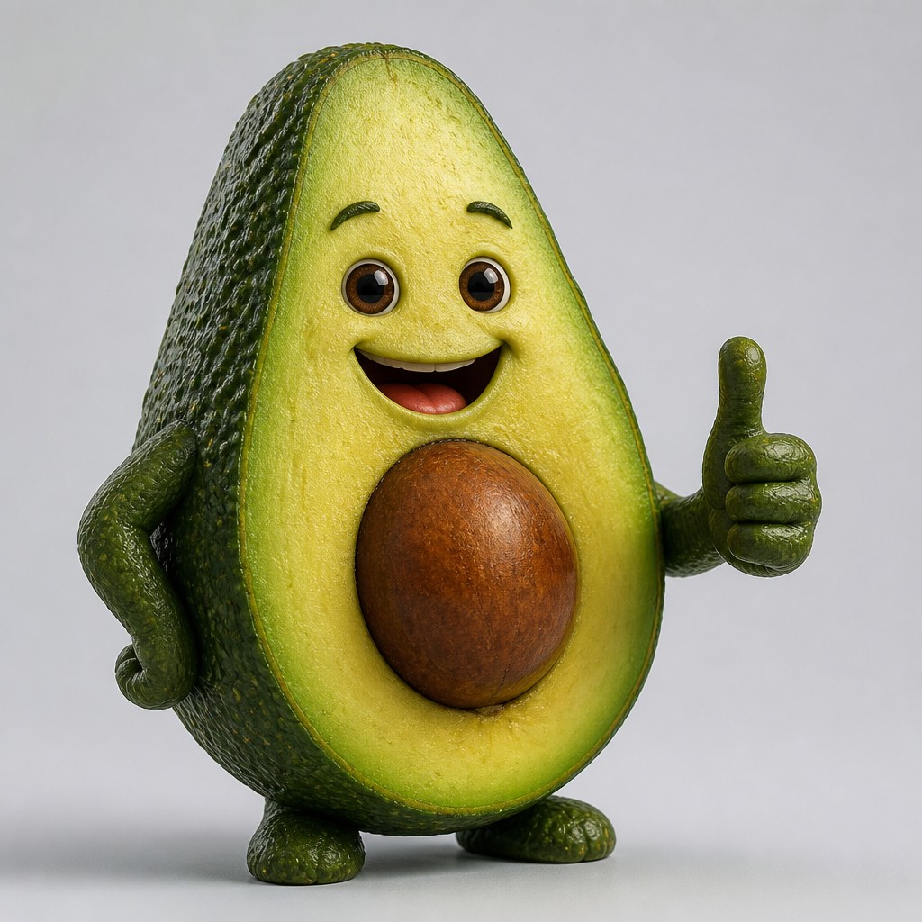 a happy avocado character giving a thumbs up, bold readable design on a plain background, no text