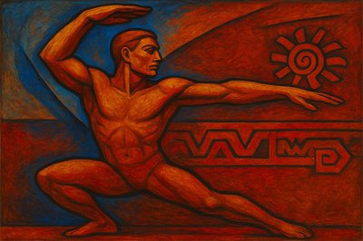 a painting of a man holding a frisbee