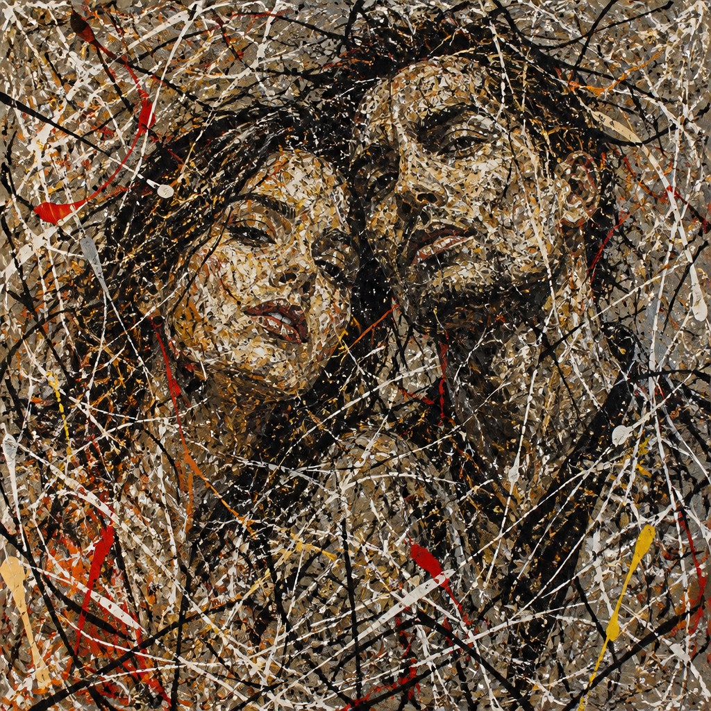 portrait of two people together — Action Painting Art Style