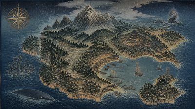 a map of an island realm with mountains, forests, a sheltered bay, sea monsters in the water and a compass rose, no text labels