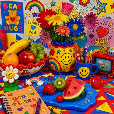 still life arrangement of fruits and flowers