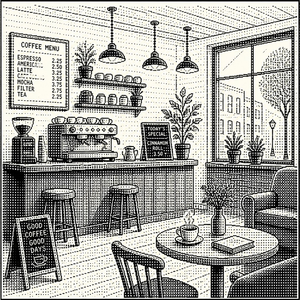 cozy cafe interior with warm lighting