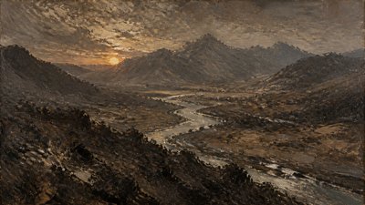 a vast valley with a river winding toward distant mountains at sunrise, no people, no text