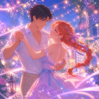 an original couple dancing under string lights in a garden at dusk: a man with short black hair in a linen shirt and a woman with braided red hair in a summer dress