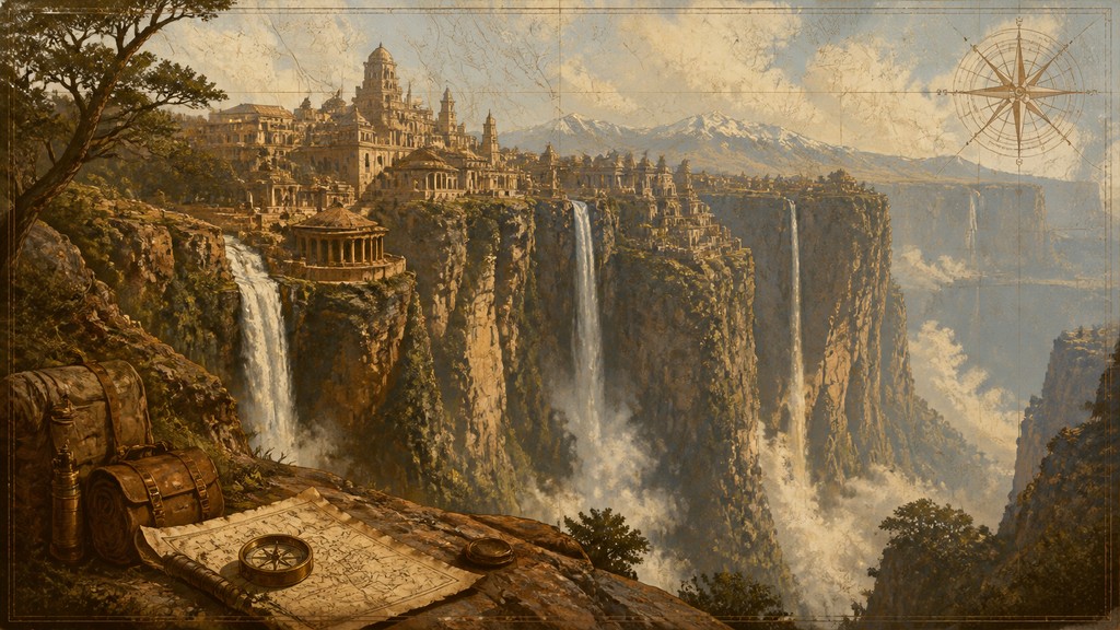 a cliffside city with waterfalls cascading into a misty canyon, wide establishing shot, no people, no text