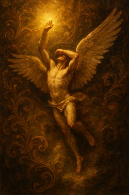 a painting of a man on a cross with wings