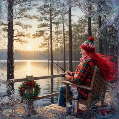 A realistic and peaceful image of a 56-year-old woman fishing on the shores of Lake Livingston, Texas, during the Christmas season. She has very long, vibrant red hair that flows all the way down to her waist, gently moving in the breeze.

She is standing on a wooden dock or sitting in a comfortable chair by the water, surrounded by the tall pine trees characteristic of East Texas. The weather is cool but pleasant (Texas winter). She is wearing cozy holiday-themed attire, such as a warm plaid flannel shirt in red and green, a festive scarf, or a beanie. Maybe there is a small Christmas wreath on the railing of the dock or a thermos of hot cocoa nearby. The lake is calm and reflects the soft winter sun. The lighting is warm and golden. High quality, photorealistic, serene atmosphere.