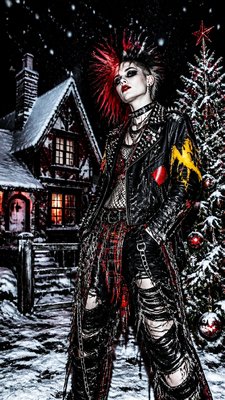 a snow-covered cottage with warm glowing windows beside a decorated pine tree, gentle snowfall, no text