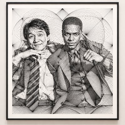 a black and white drawing of two men