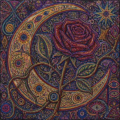a rose entwined with a crescent moon, clean balanced composition on a plain background, no text
