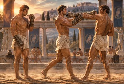 a painting of two men fighting with each other