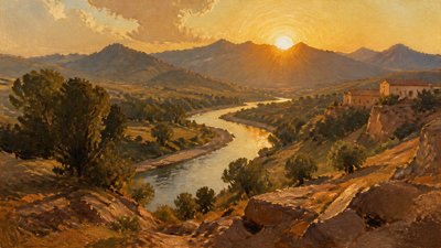 a vast valley with a river winding toward distant mountains at sunrise, no people, no text