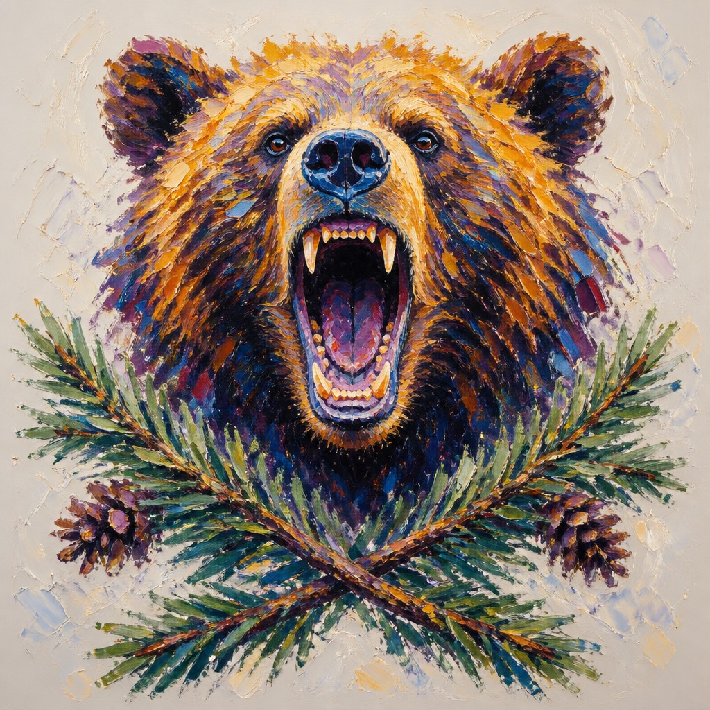 a roaring bear head above crossed pine branches, bold graphic composition on a plain background, no text