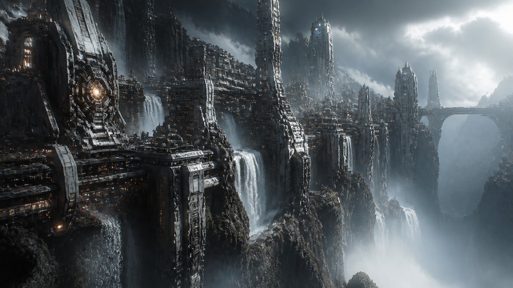 a cliffside city with waterfalls cascading into a misty canyon, wide establishing shot, no people, no text