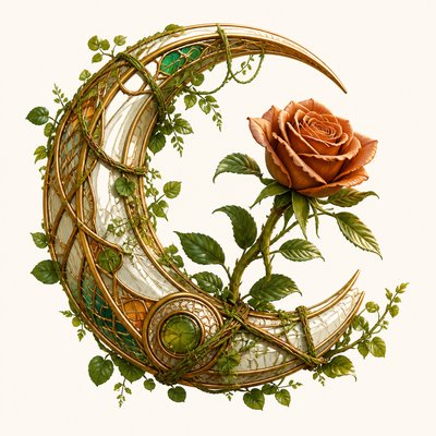 a rose entwined with a crescent moon, clean balanced composition on a plain background, no text