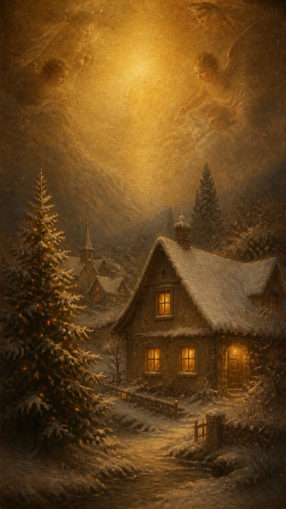 a snow-covered cottage with warm glowing windows beside a decorated pine tree, gentle snowfall, no text