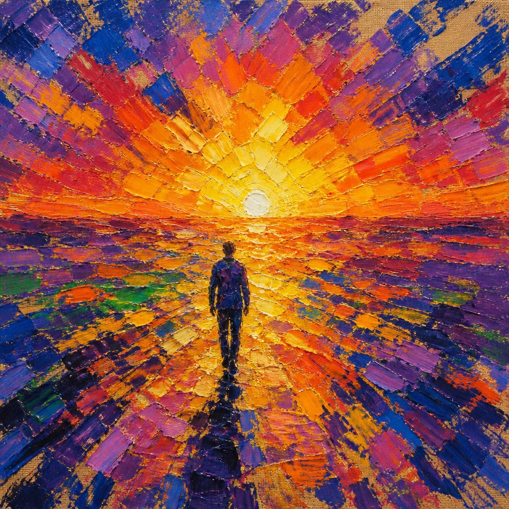 a solitary figure walking toward a glowing horizon across an empty plain, moody atmosphere, no text or lettering