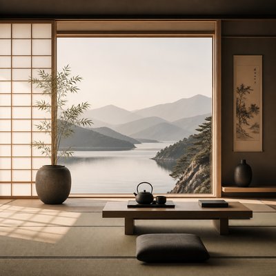 serene landscape with mountains and water