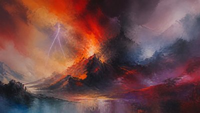 an erupting volcano with lightning strikes, dramatic wide composition, no text