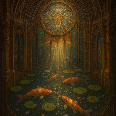 A koi pond seen from above, orange and white koi fish swimming among lily pads, clear water with subtle ripples, fallen cherry blossom petals floating on the surface, dappled sunlight