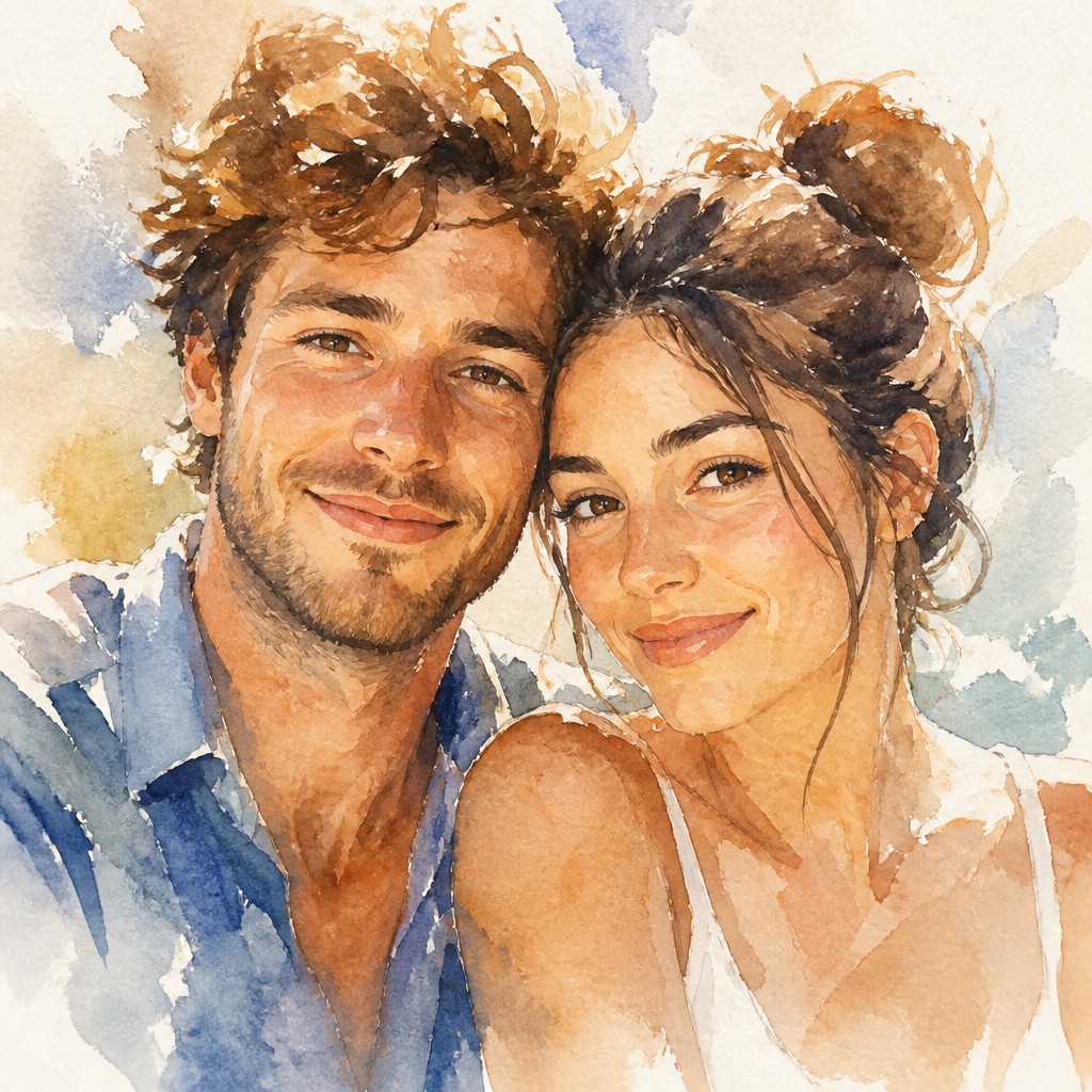 portrait of two people together — Watercolor Painting Style