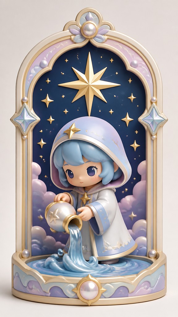 a robed figure pouring water beneath a large eight-pointed star in a night sky, symmetrical composition with an ornate decorative border, no text