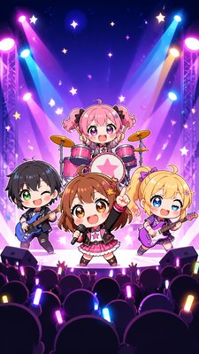 a live music scene with a glowing stage and silhouetted crowd, energetic vertical composition with open space at the top, no text