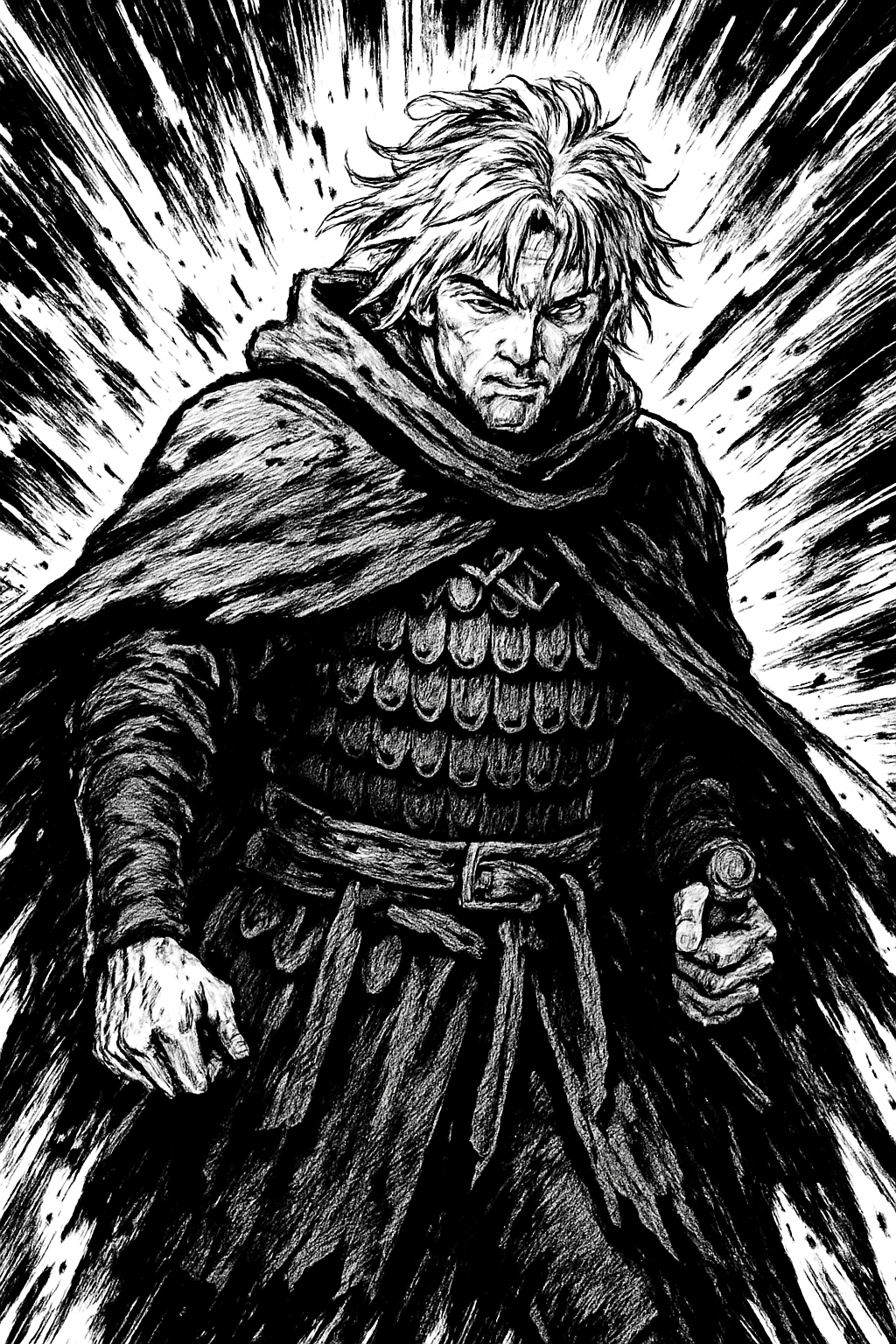 a black and white drawing of a man in a cape