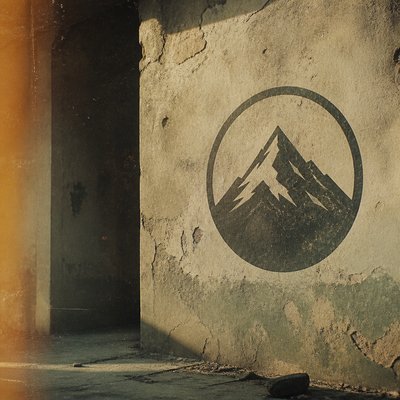 an emblem of a mountain peak inside a circle, simple bold shapes on a plain background, no text or lettering