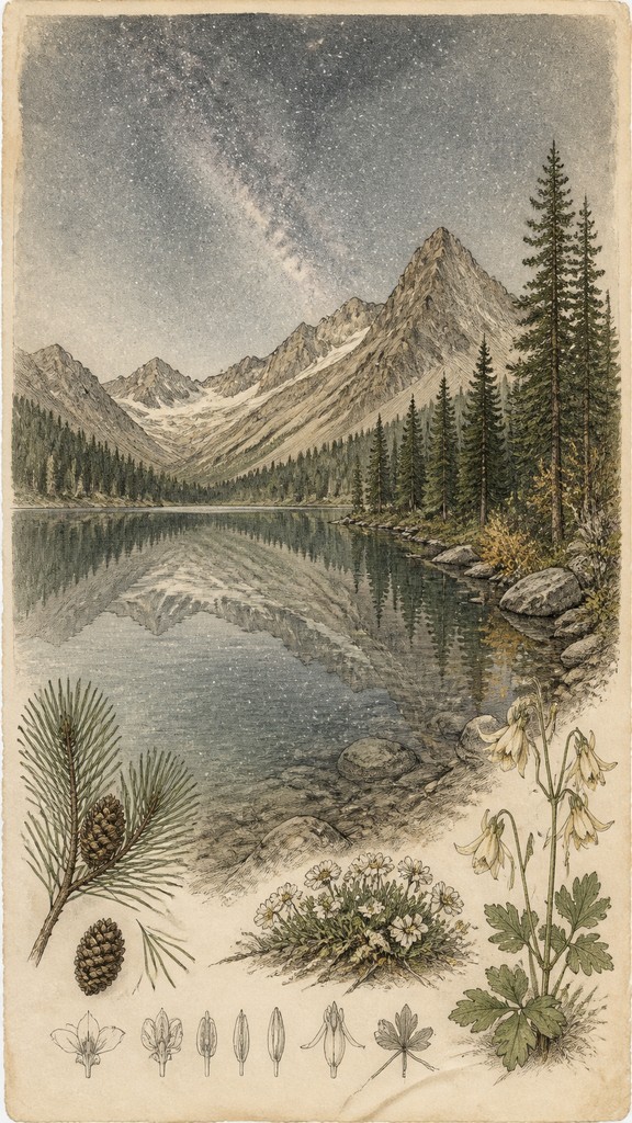 a tranquil mountain lake beneath a starry night sky, no people, no text