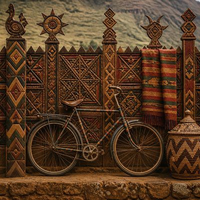 bicyle resting against a wall