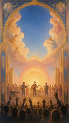 a live music scene with a glowing stage and silhouetted crowd, energetic vertical composition with open space at the top, no text