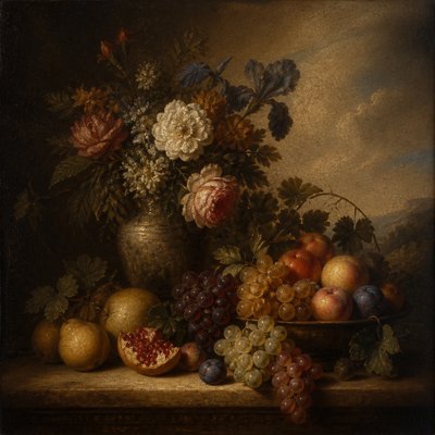 still life arrangement of fruits and flowers